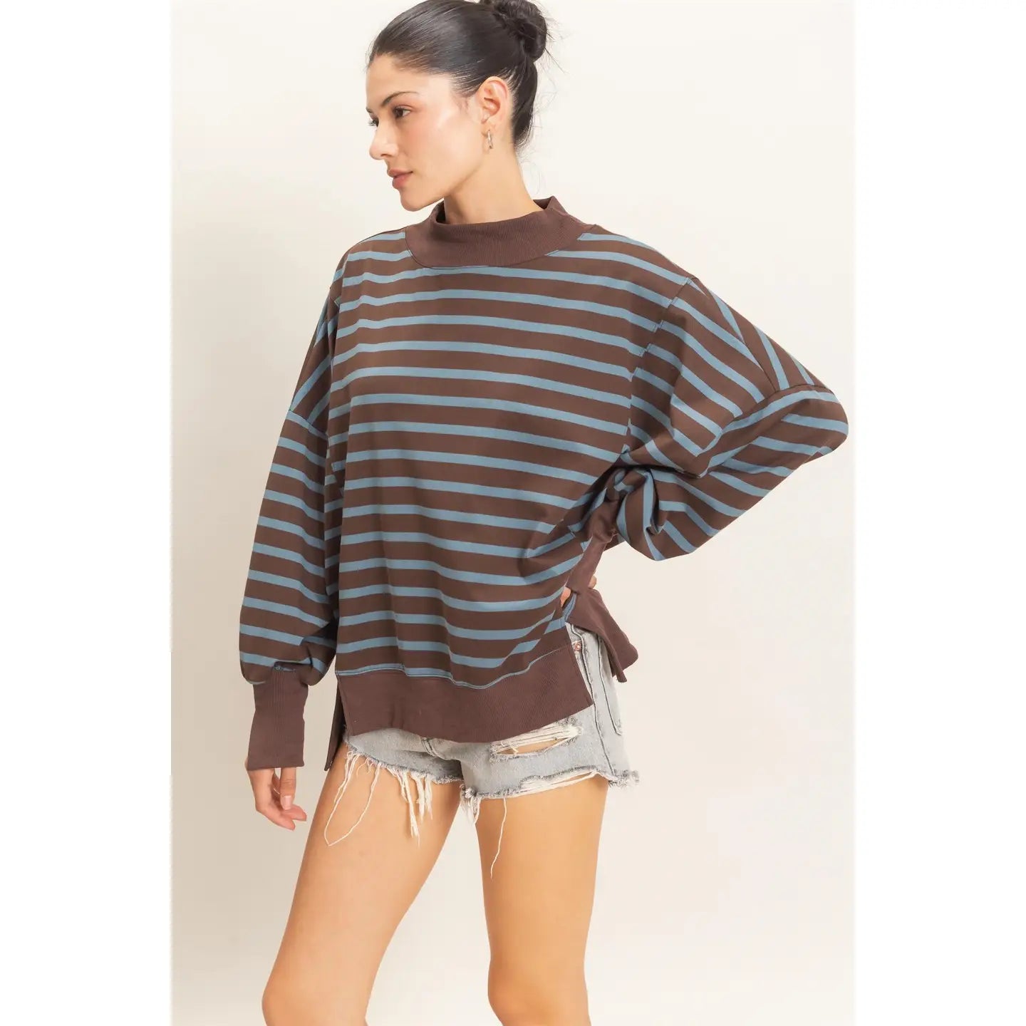 Striped Mockneck Sweatshirt - Brown/Blue