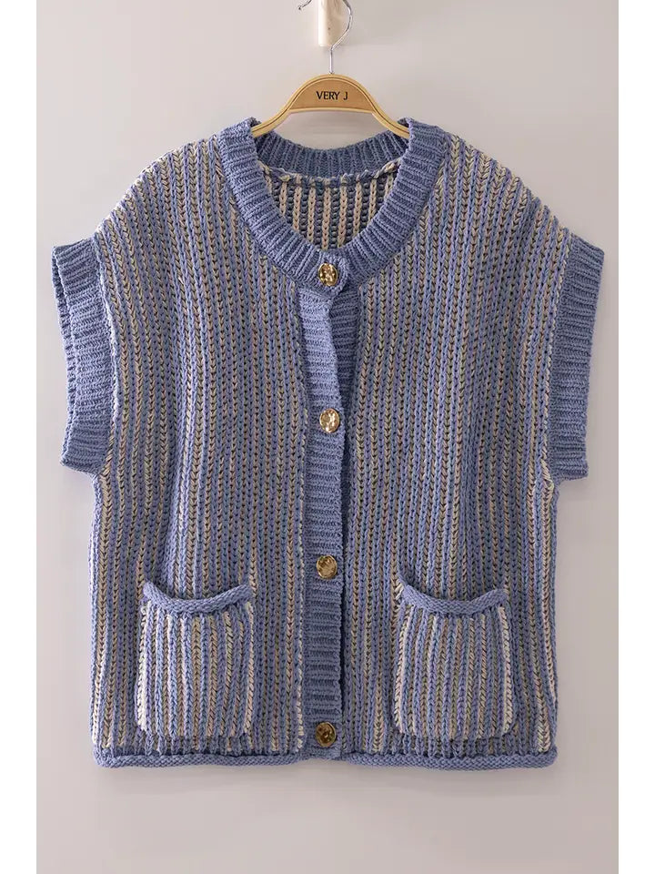 two tone ribbed knit vest - blue/cream