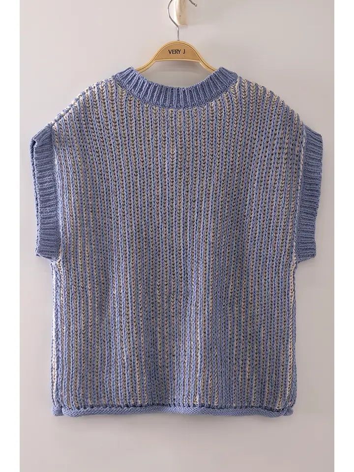 two tone ribbed knit vest - blue/cream