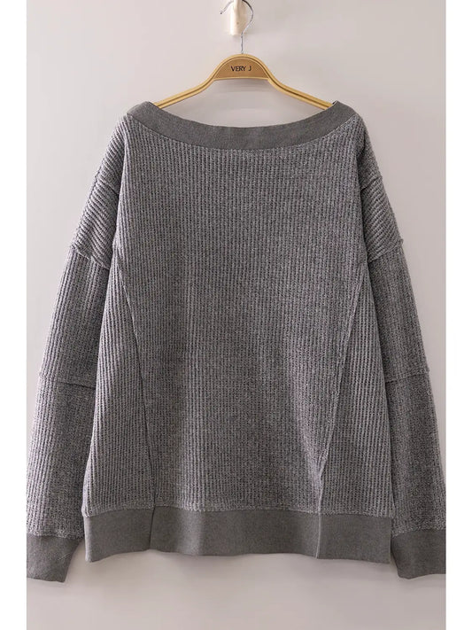 Boat Neck Waffle Knit Top