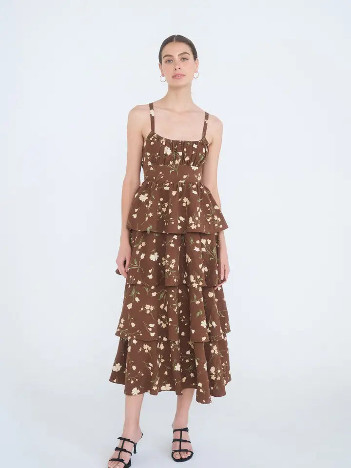 CASEY FLORAL RUFFLE TIER MIDI DRESS - BROWN