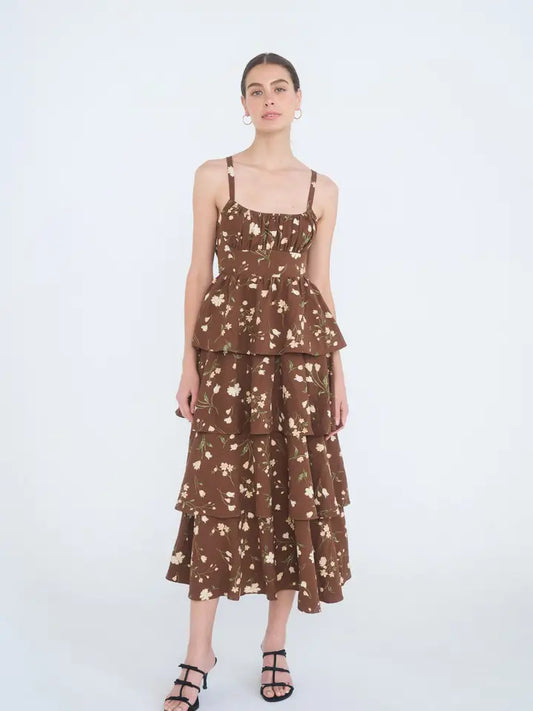 CASEY FLORAL RUFFLE TIER MIDI DRESS - BROWN