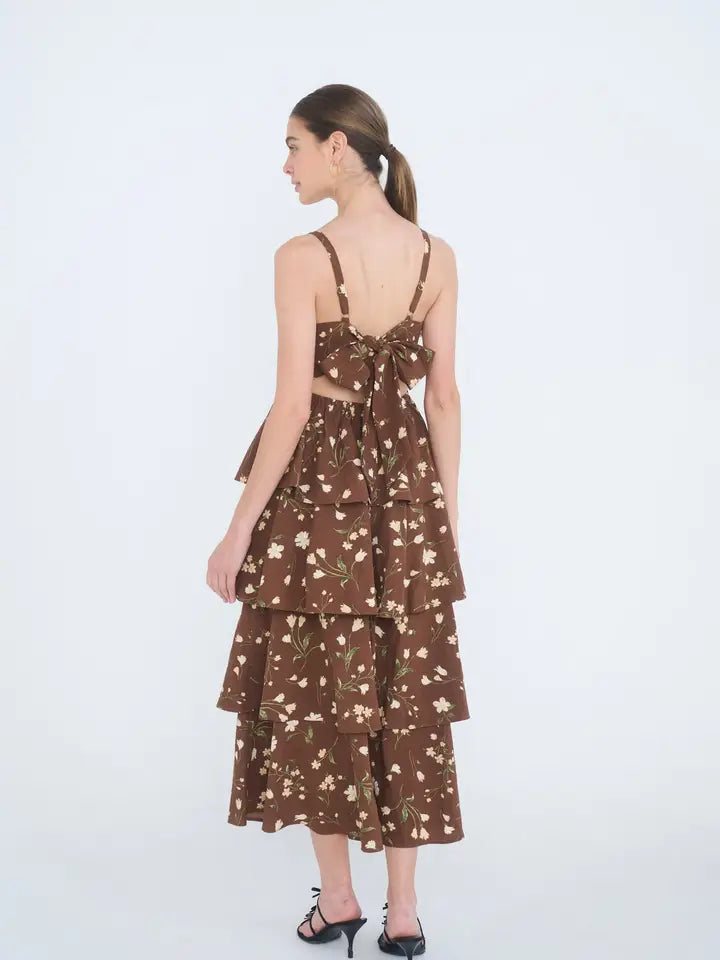 CASEY FLORAL RUFFLE TIER MIDI DRESS - BROWN