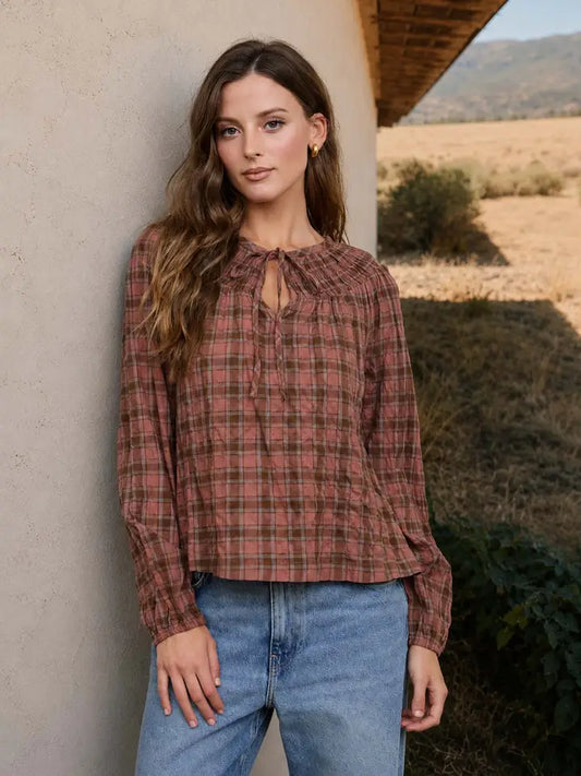 Plaid Shirred Front Tie Top