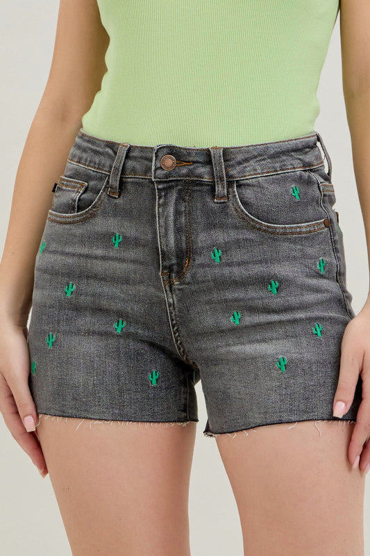Cactus Embroidered Denim Shorts