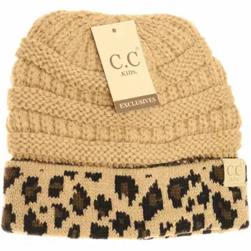 Leopard Cuff Beanie - Camel - Kids