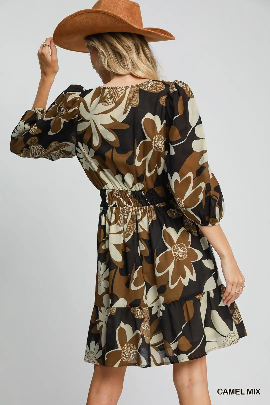 Camel Mix Floral Print Dress