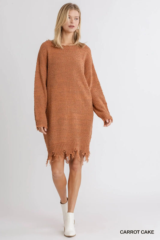 Distressed Boat Neck Sweater Dress - Orange