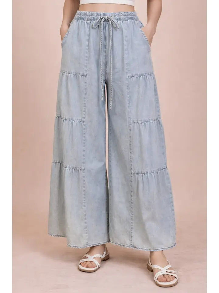 Tiered Mineral Washed Chambray Pants