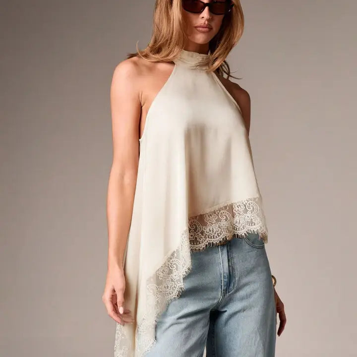 satin lace trim asymmetrical top - champagne