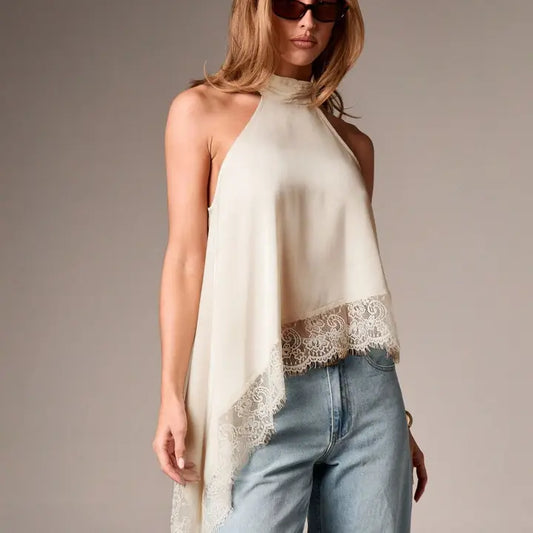 satin lace trim asymmetrical top - champagne