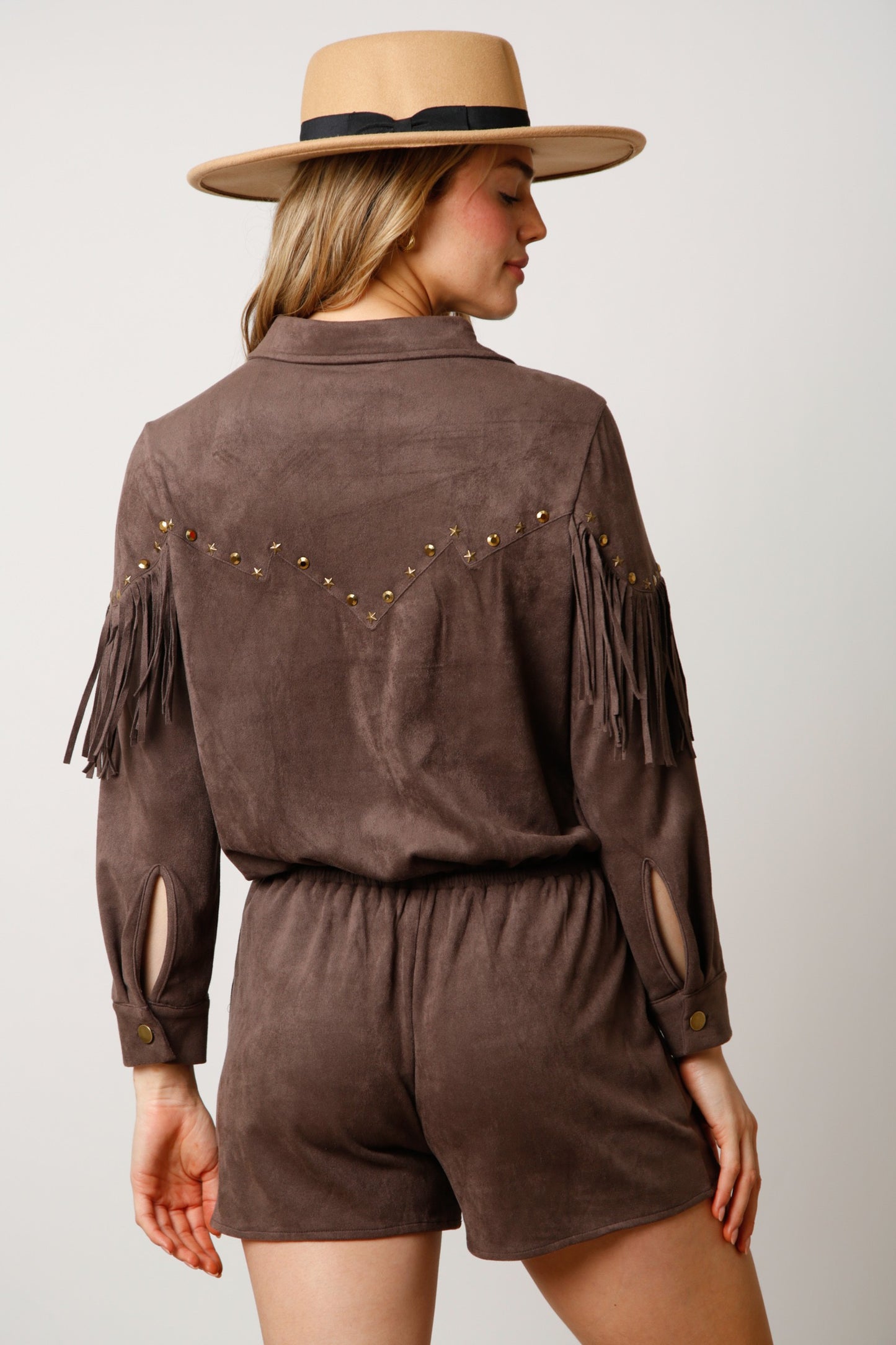 Studded Fringe Suede Romper -  Charcoal