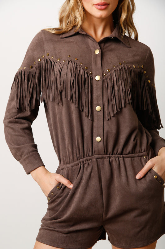 Studded Fringe Suede Romper -  Charcoal