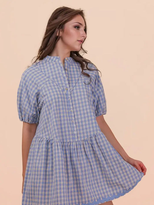 Checkered Half Button Mini Dress