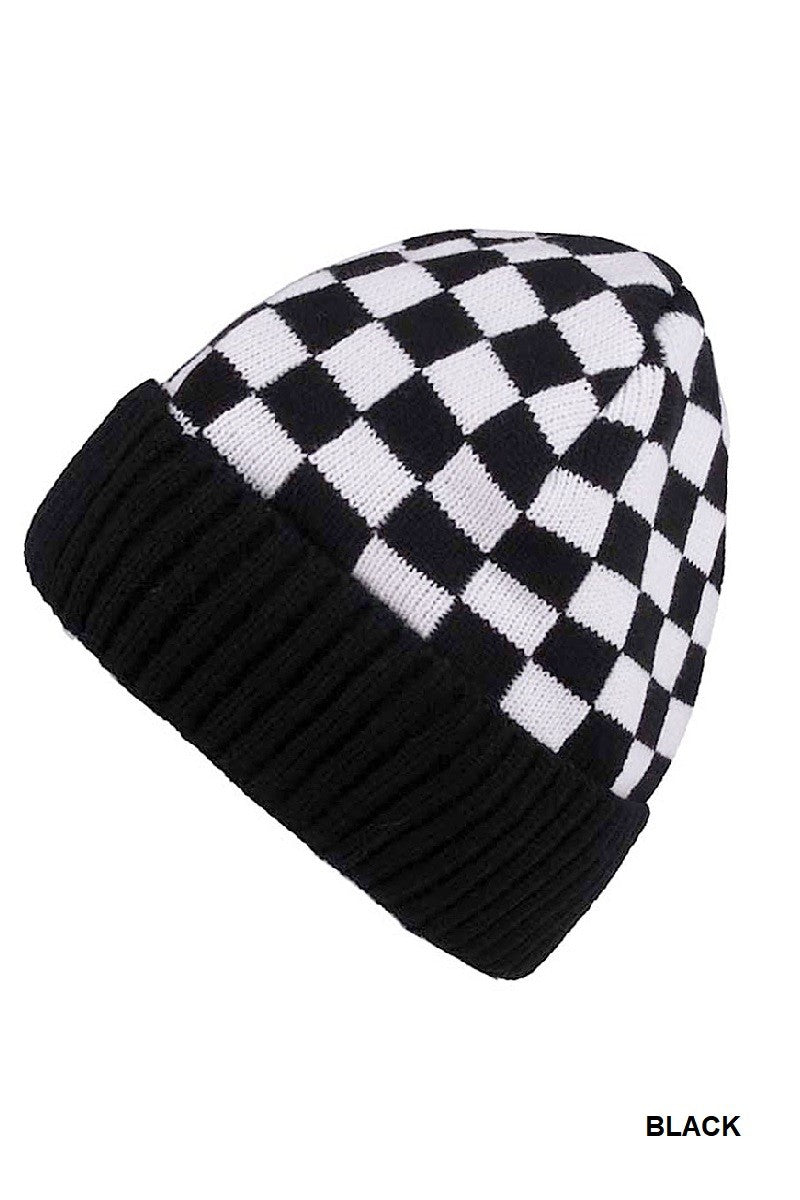 Checkered Pattern Cuff Beanie - Black