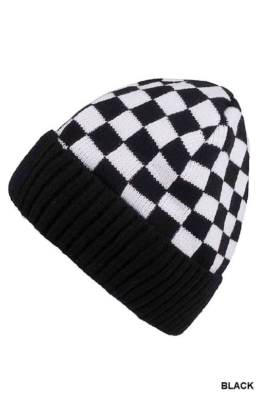 Checkered Pattern Cuff Beanie - Black
