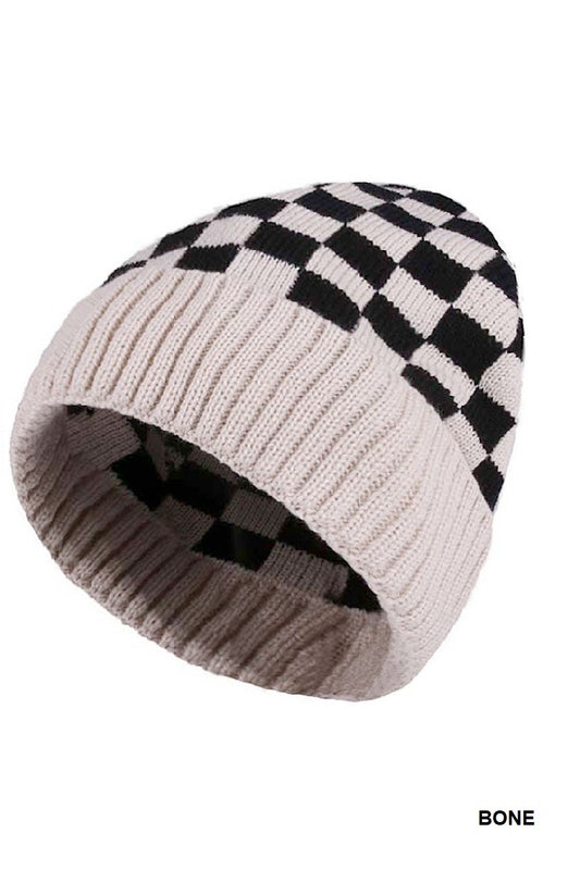 Checkered Pattern Cuff Beanie - Bone
