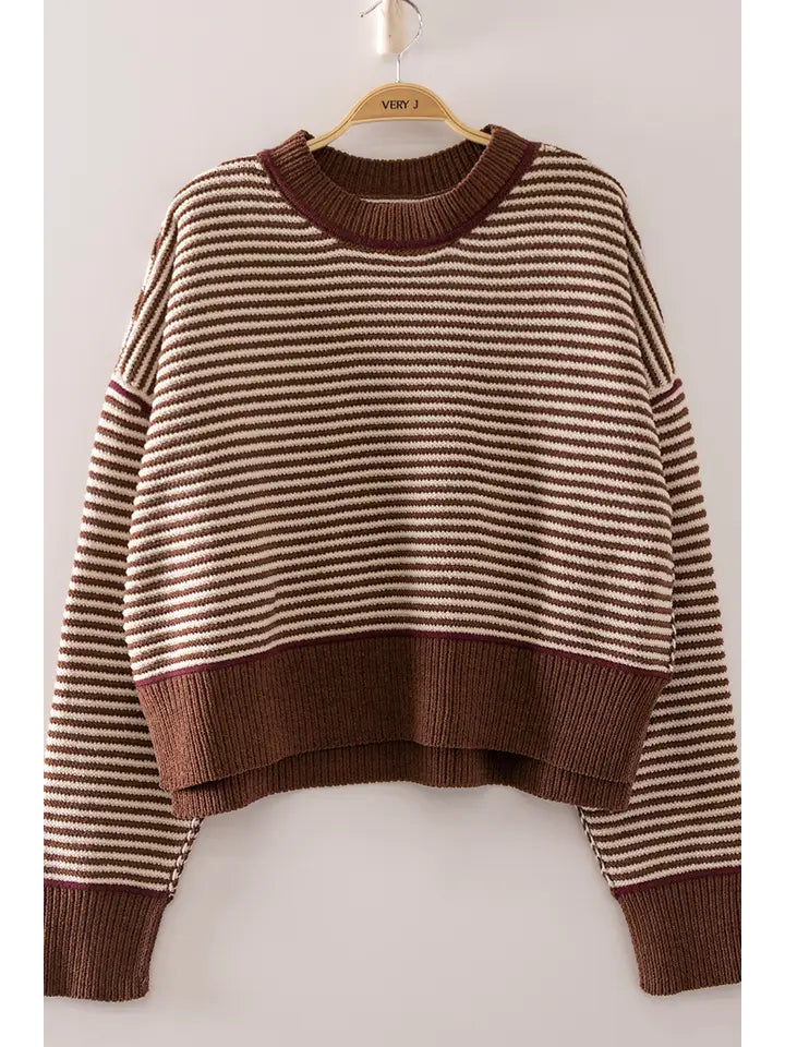 contrast trim stripe knit sweater - chocolate