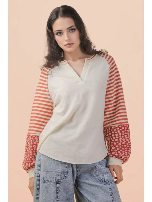 Floral Fusion Split Neck Top