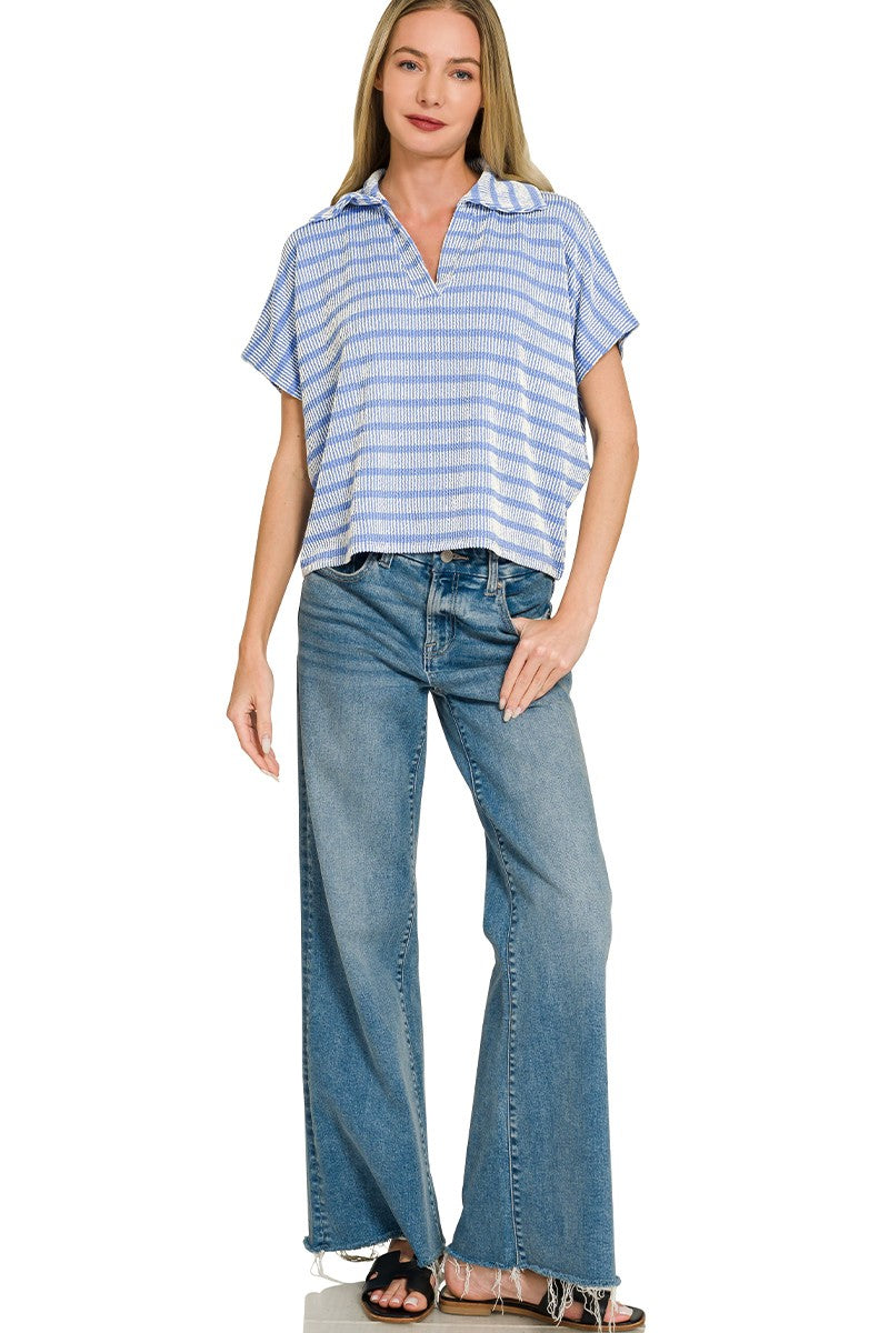 raised rib collared top - blue