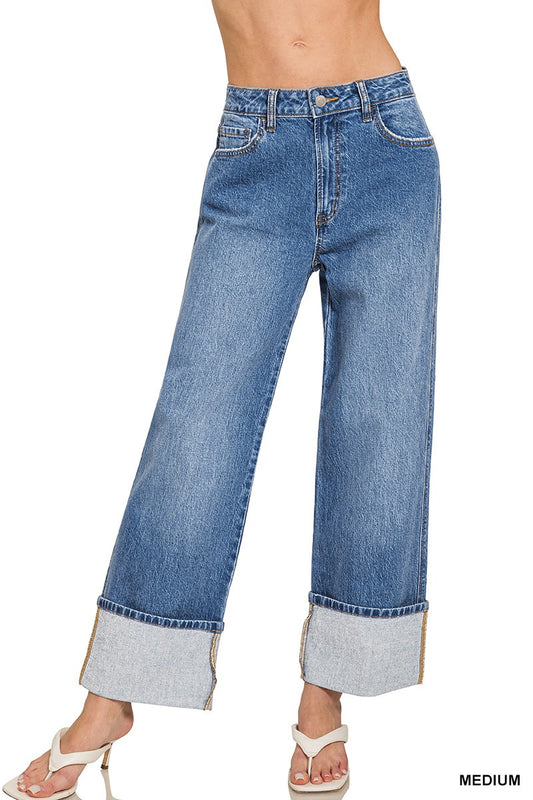 High Rise Cuffed Wide Leg Jeans