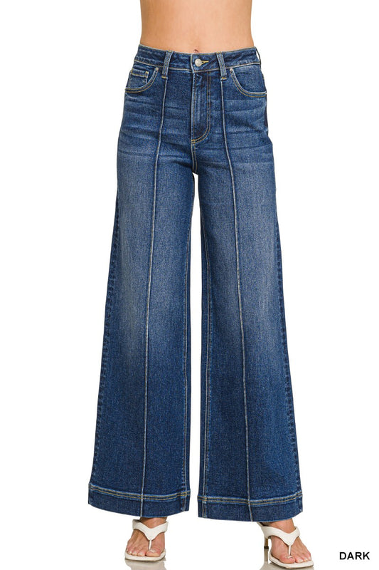 high rise pintuck denim pants - dark