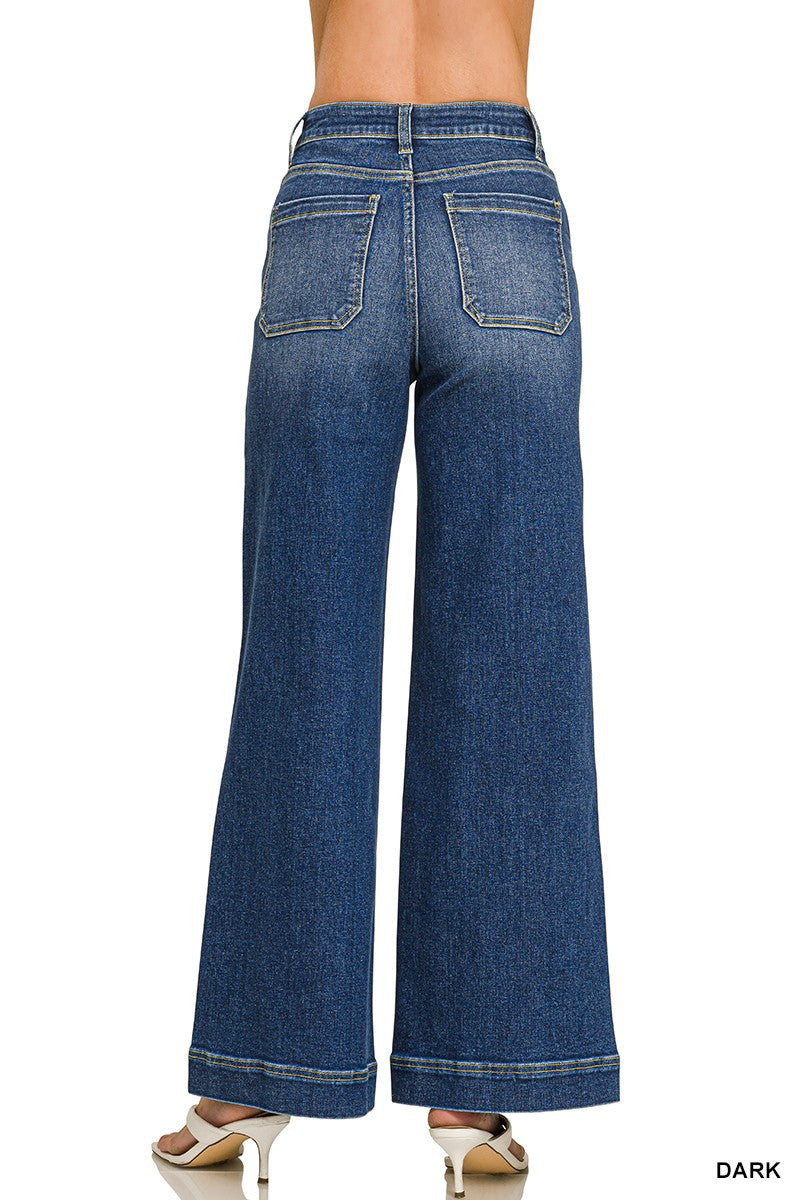 high rise pintuck denim pants - dark