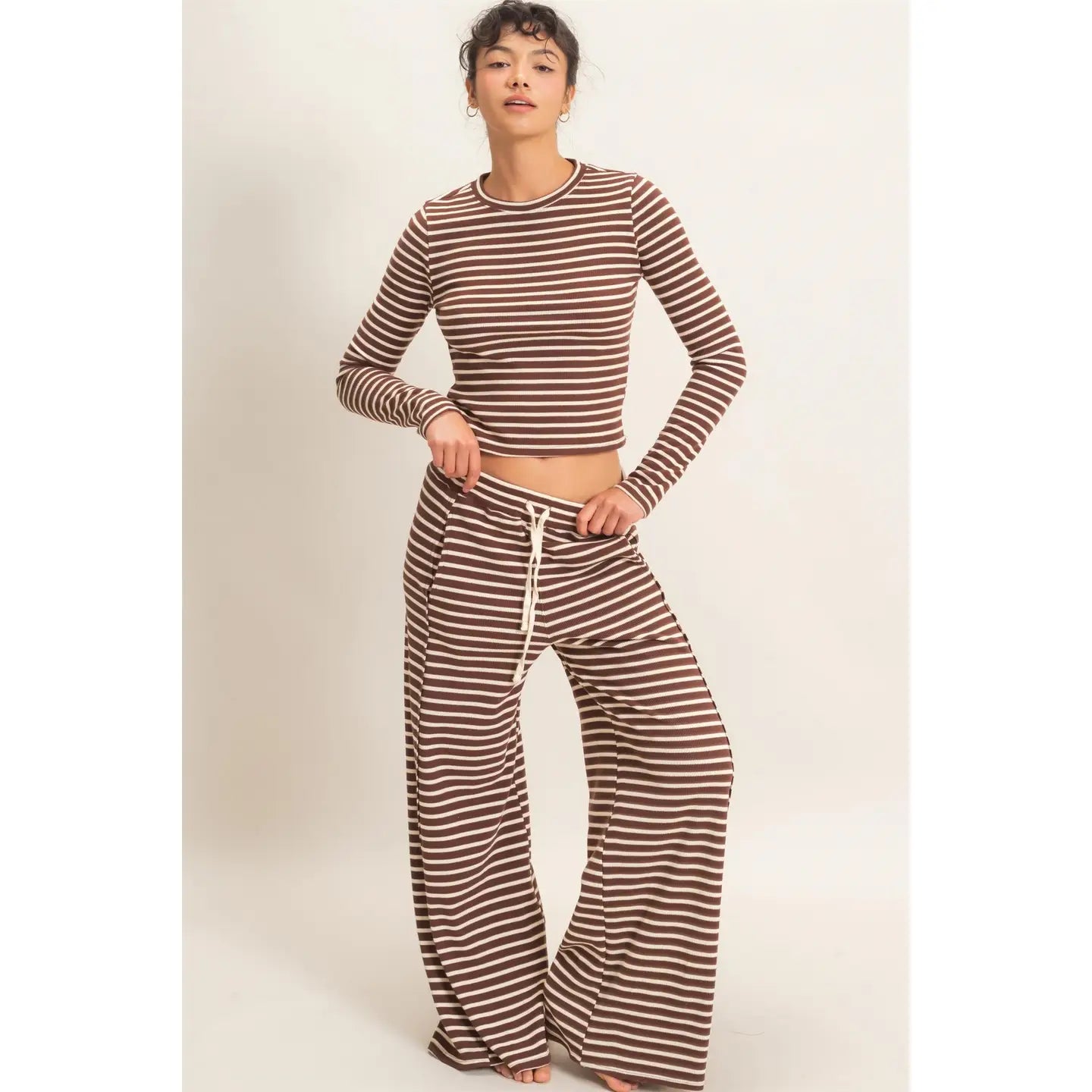Alice Striped Waffle Top - Dark Brown
