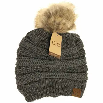 Metallic Fur Pom Beanie - Gray