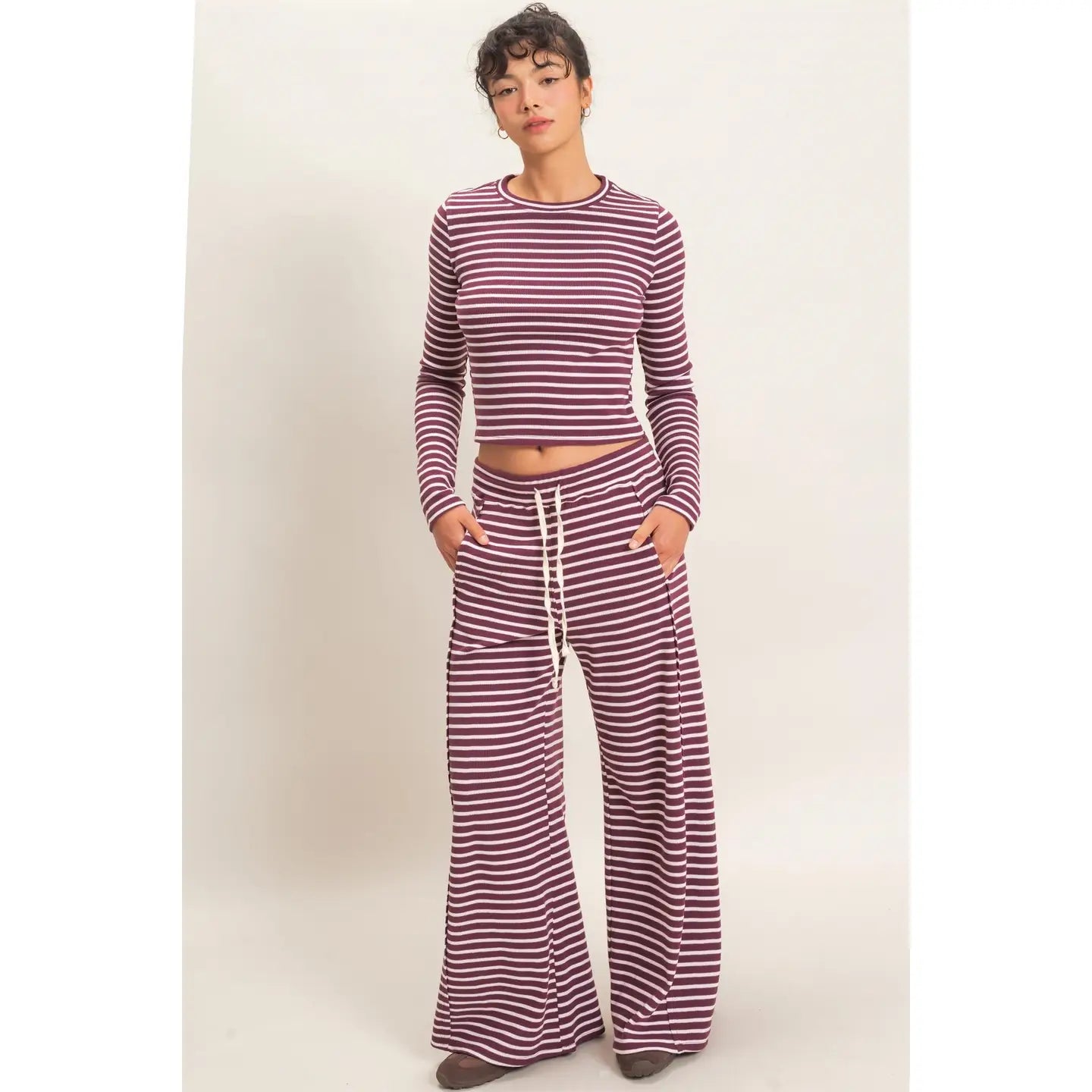 Alice Striped Waffle Top - Dark Cherry