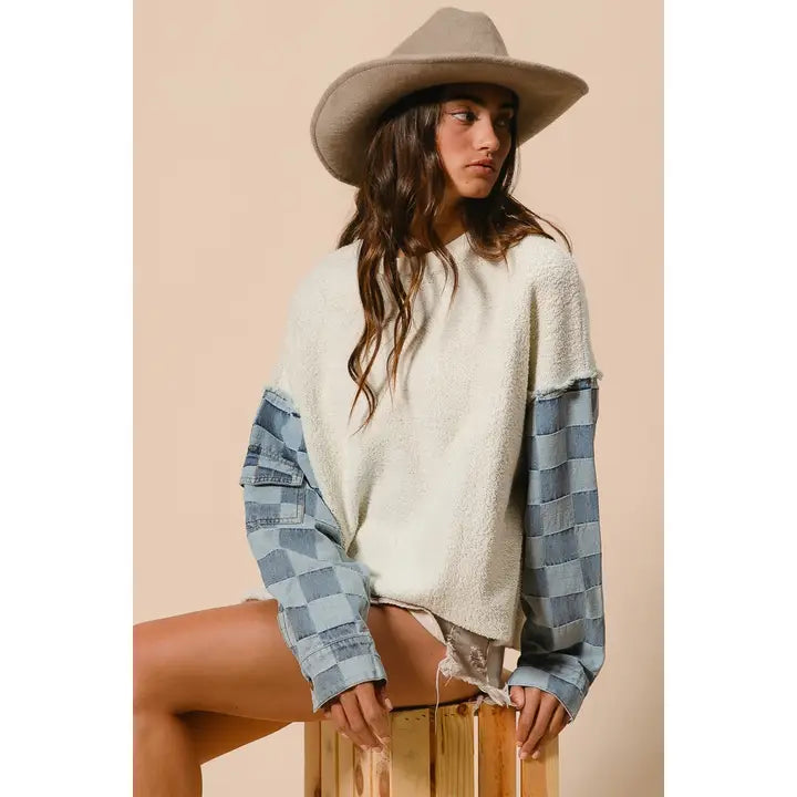 Washed Checker Denim Pullover