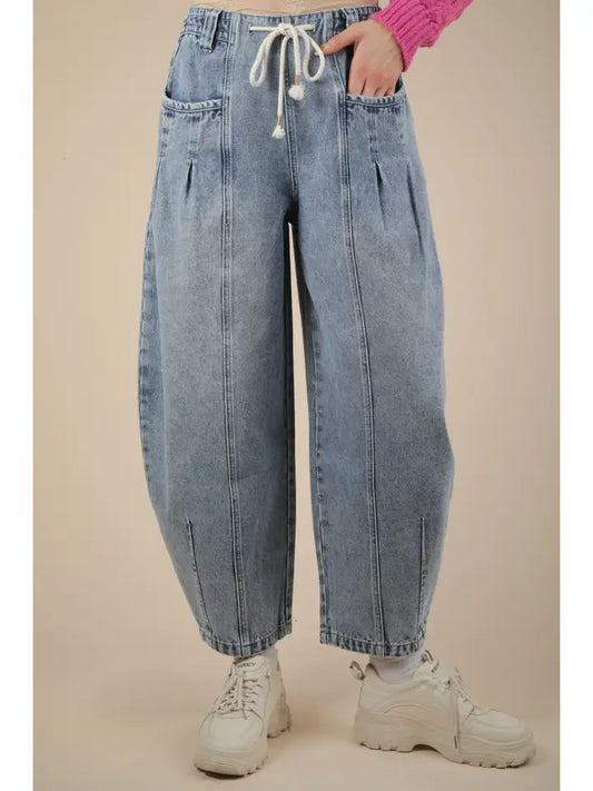 Washed Denim Barrel Pants - Denim