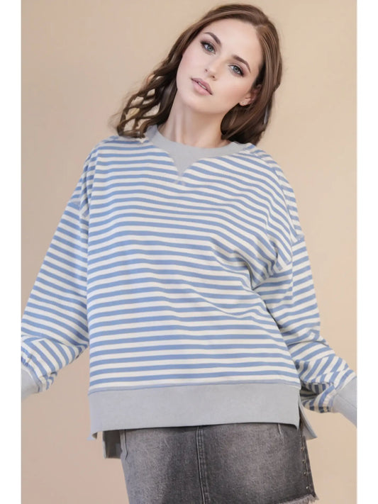 Seein' Stripes Oversized Top - Denim/Cream