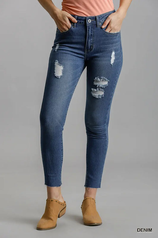 Distressed Detail Skinny Jeans - Denim