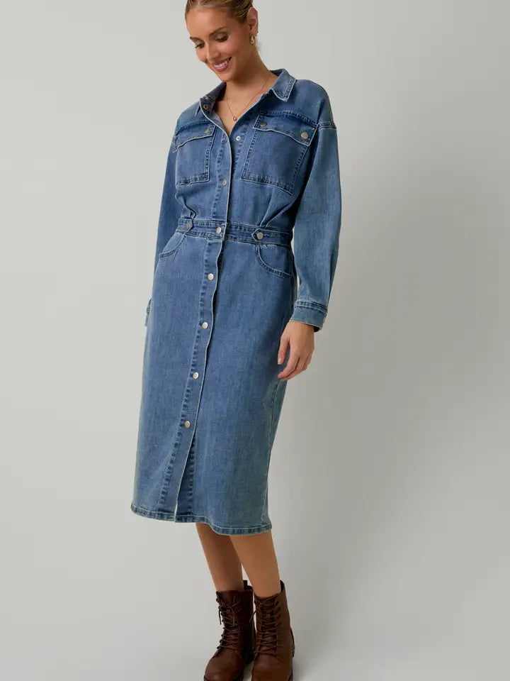 Button Down Utility Denim Midi Dress