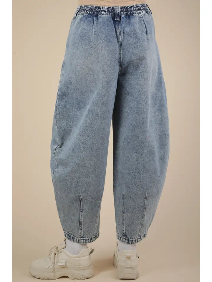 Washed Denim Barrel Pants - Denim