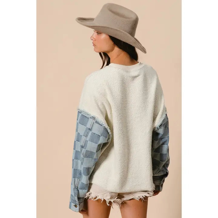 Washed Checker Denim Pullover