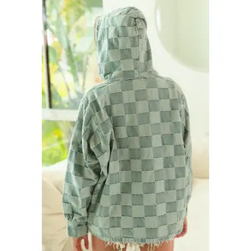 washed checker denim half zip hoodie