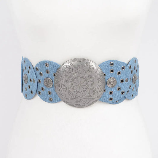 Denim Multi Eyelet Concho Belt - Light