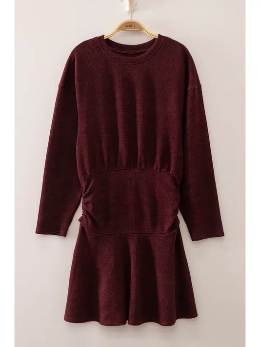 ruched rib knit dress - burgundy