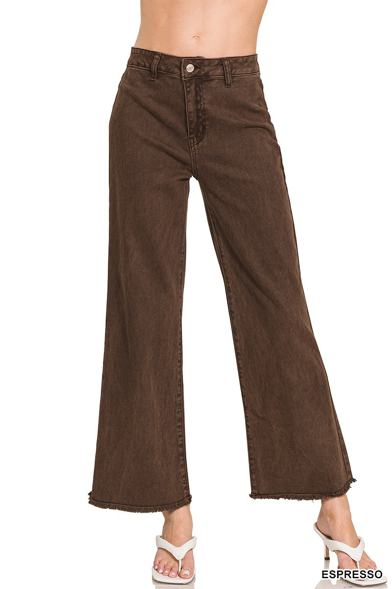 Acid Wash Frayed Hem Straight Pants - Espresso