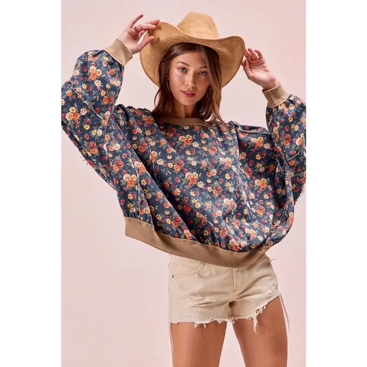 Floral Denim Frayed Round Neck Top