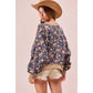 Floral Denim Frayed Round Neck Top