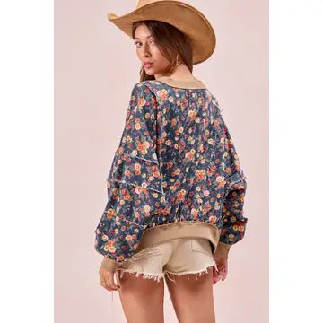Floral Denim Frayed Round Neck Top