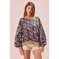 Floral Denim Frayed Round Neck Top