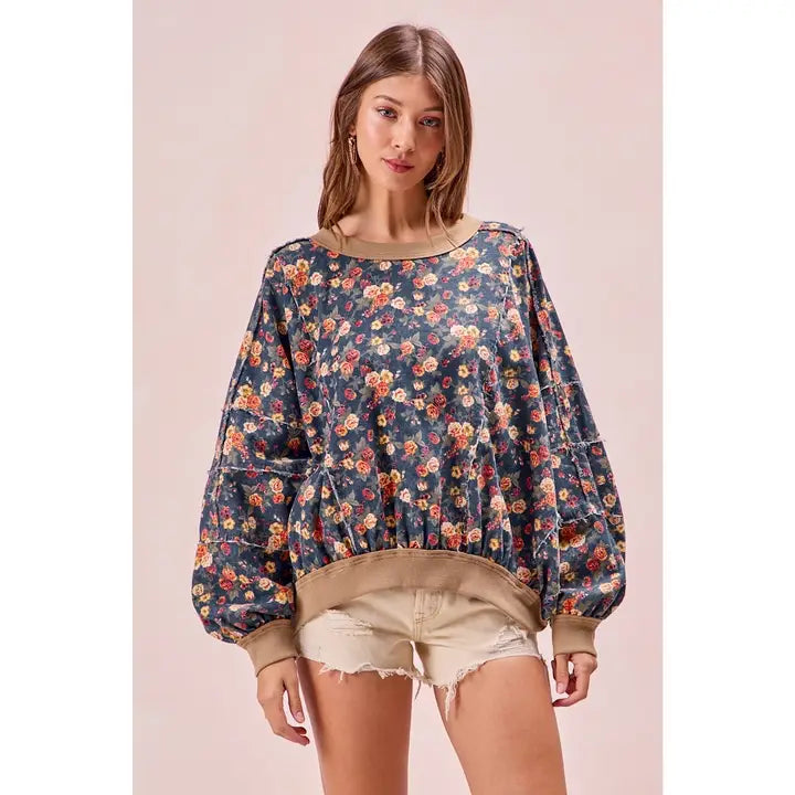 Floral Denim Frayed Round Neck Top
