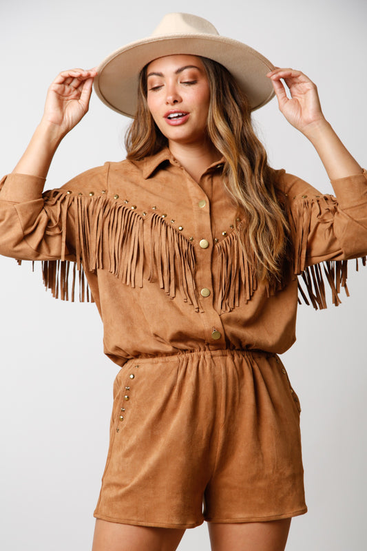 Studded Fringe Suede Romper - Camel
