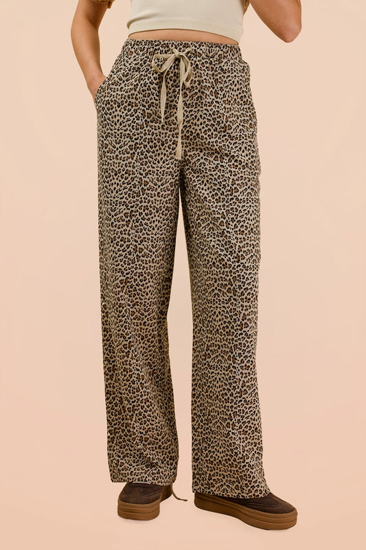 Leopard Print Wide Leg Linen Pants