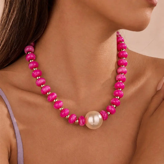 Pearl Pendant Beaded Necklace - Fuchsia