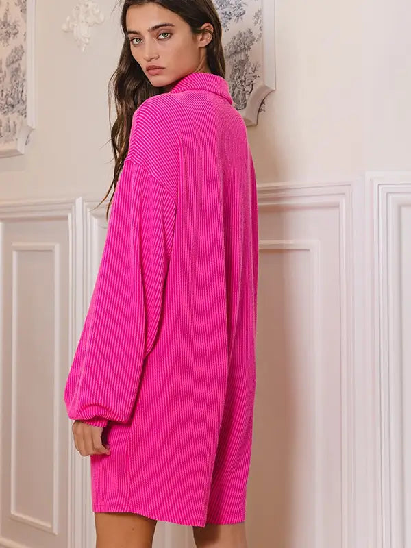 Oversized Collared Knit Romper - Fuchsia